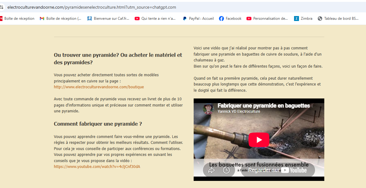 Page de Yannick Van Doorne présentant une vidéo de fabrication de pyramide en baguettes de cuivre